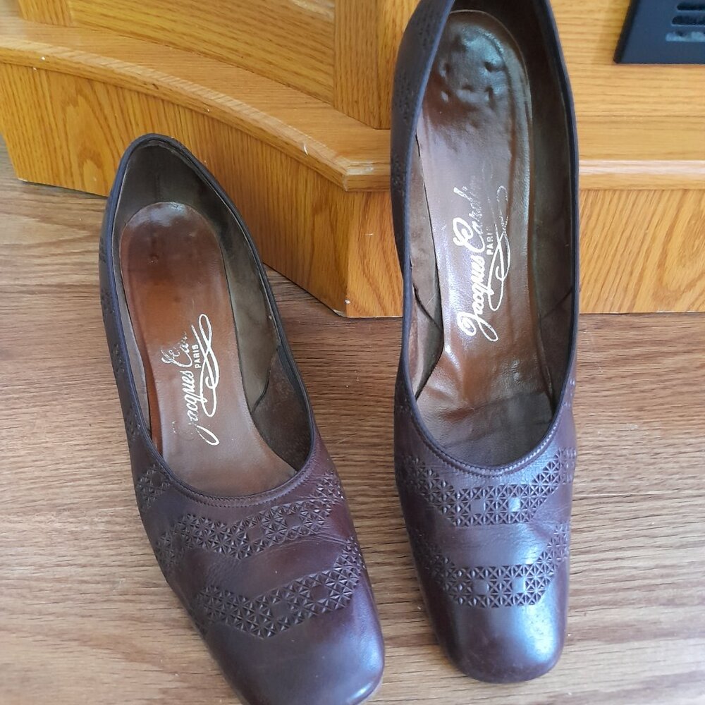 Vintage 60s Brown Shoes Size 8 / 9 Jacques Cardin Paris Pumps Narrow Square Toe - Picture 2 of 13
